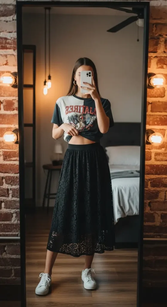 
Mirror selfie black lace skirt outfit idea for summer with a tucked-in graphic tee and white sneakers
