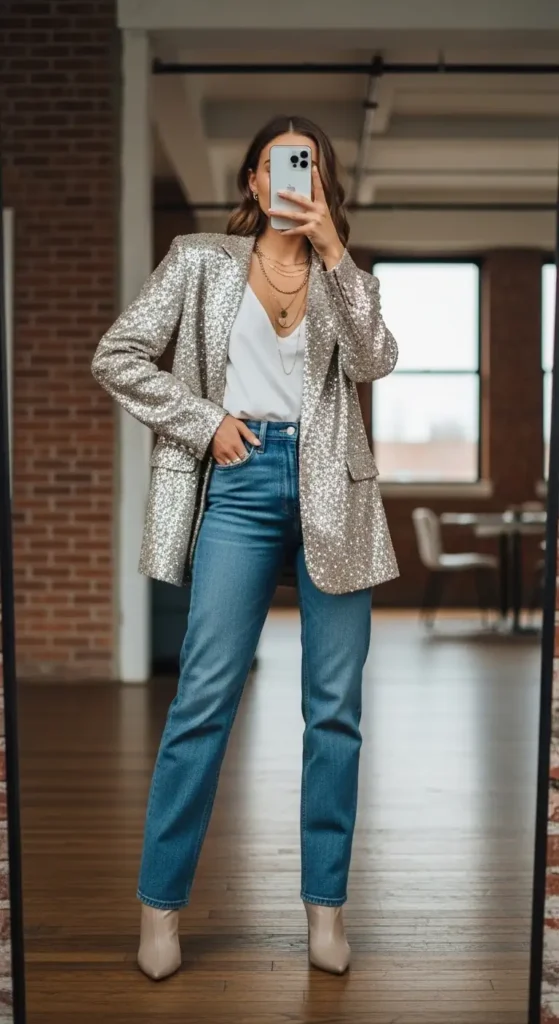 Birthday Photo Shoot Outfit Ideas mirror selfie in high-waisted jeans and a silver sequin blazer