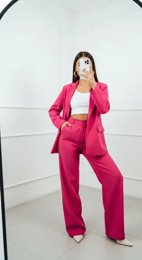 Hot pink power suit mirror selfie — a bold pink birthday photo shoot outfit idea with wide-leg trousers and white crop top