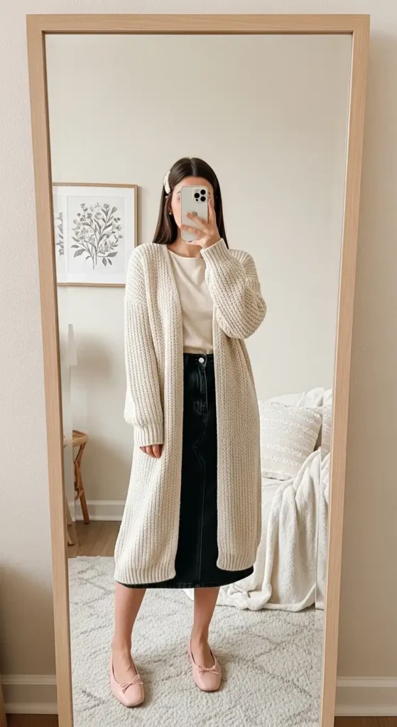 10 black denim skirt outfit ideas: long cream knit cardigan, midi skirt, and pink ballet flats