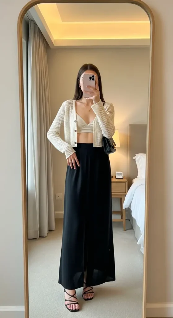 Casual black long skirt outfit idea for summer — cream knit crop cardigan over bralette with strappy heels
