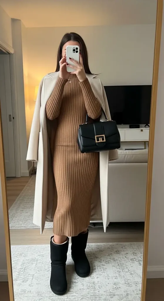 Woman in brown knit dress and white coat with Black Ugg Outfit Ideas classic boots.