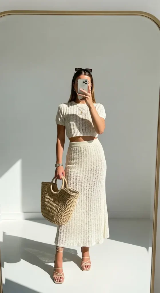 Mirror selfie of a casual and classy aesthetic outfit idea for summer in a cream open-knit two-piece set
