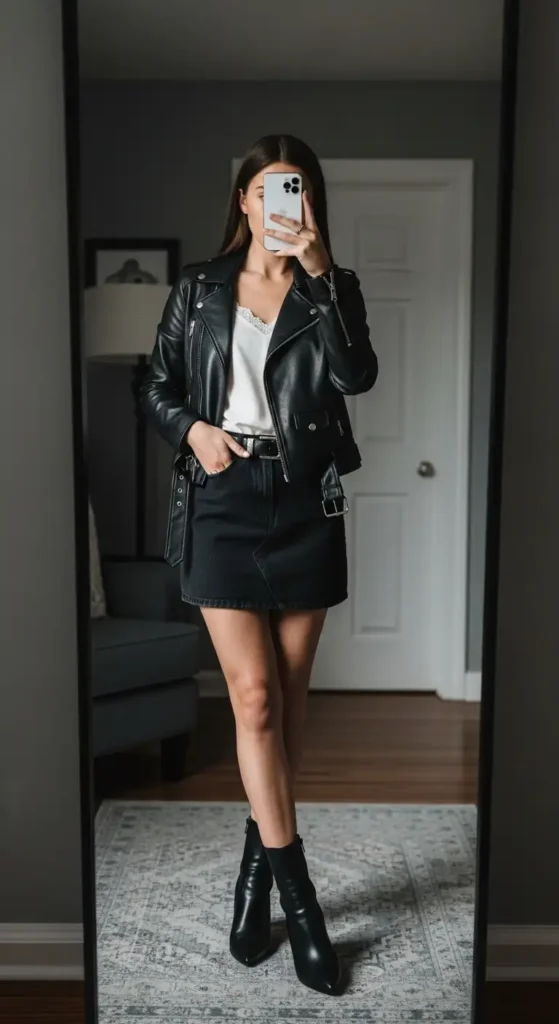 10 black denim skirt outfit ideas: black leather jacket, white cami, mini skirt, and ankle boots
