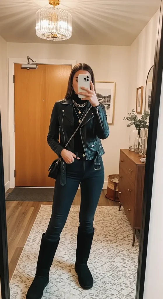 Woman in an edgy leather jacket, leggings, and black boots for fresh Black Ugg Outfit Ideas.