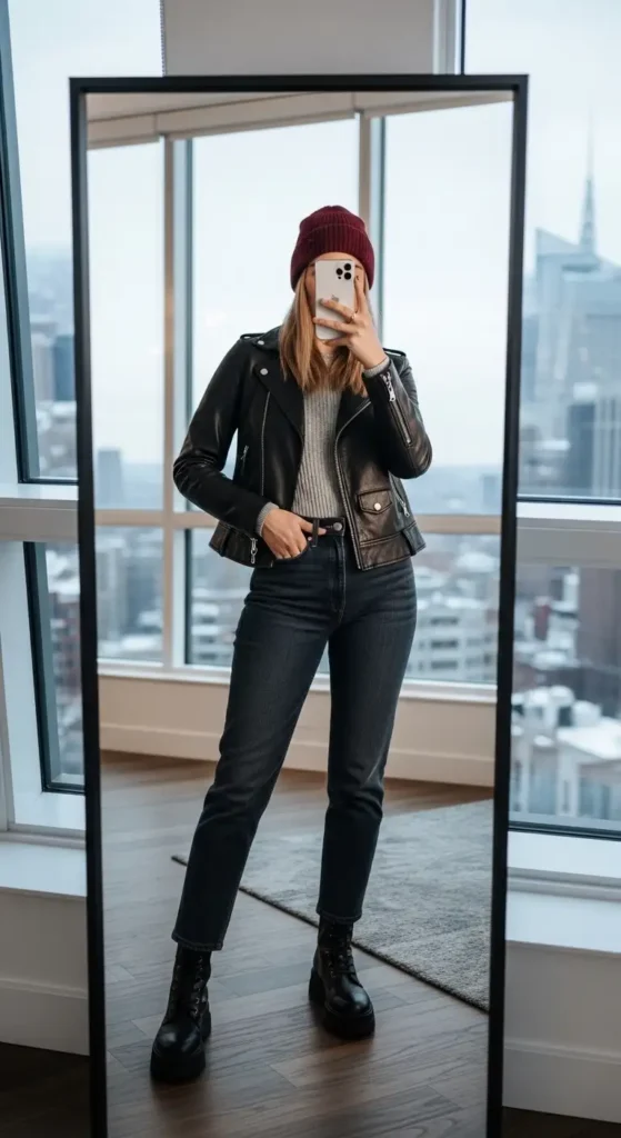 Aesthetic winter outfit ideas with jeans: black leather jacket, high-waisted dark jeans, combat boots, and burgundy beanie