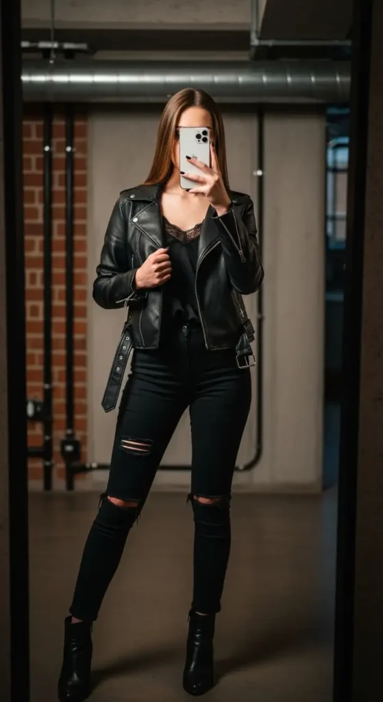 Edgy birthday photo shoot outfit with jeans — black leather jacket, lace top, ripped black jeans, and ankle boots