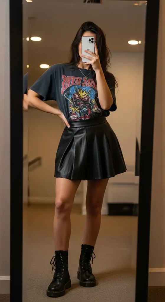 Young woman wearing graphic tee with black leather mini skirt and combat boots for Party Outfit Ideas of 90s Style.