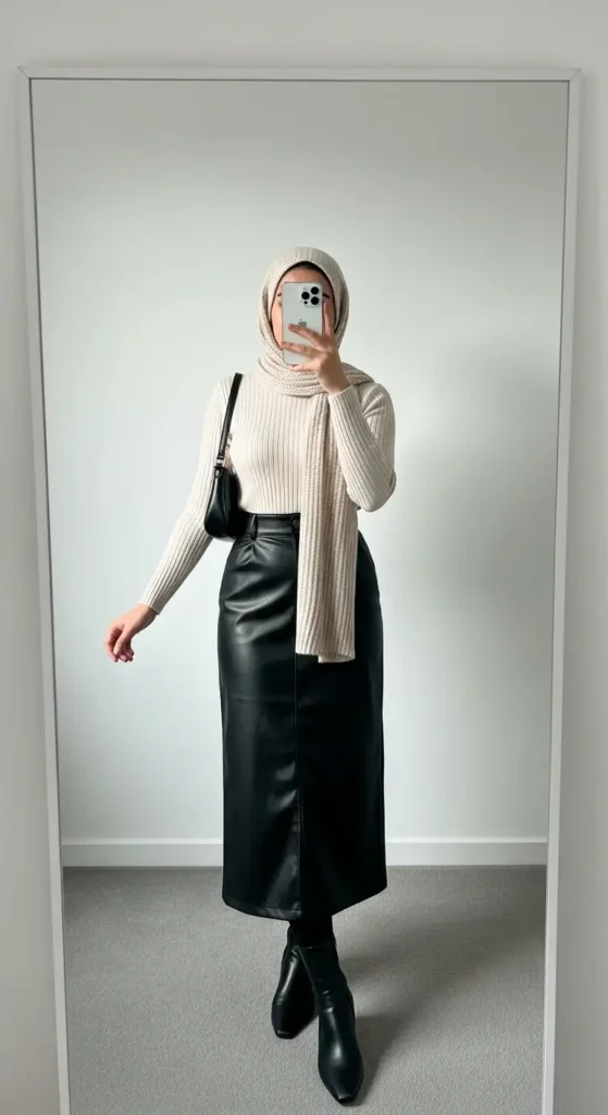 Chic cream knit sweater paired with black leather midi skirt and hijab – Birthday Girl Outfit Ideas With Hijab.
