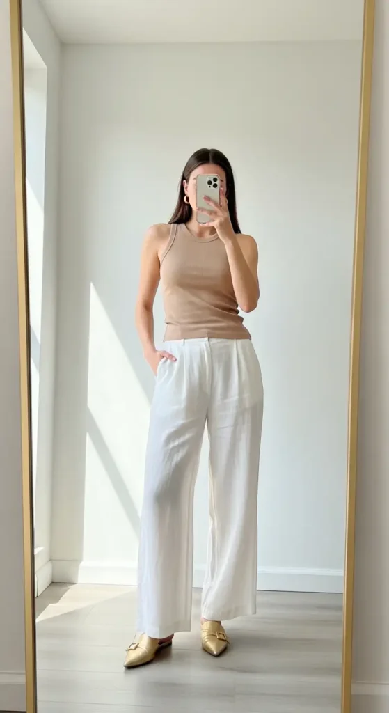 Mirror selfie of a casual and classy aesthetic summer outfit — white linen wide-leg trousers with a beige ribbed tank
