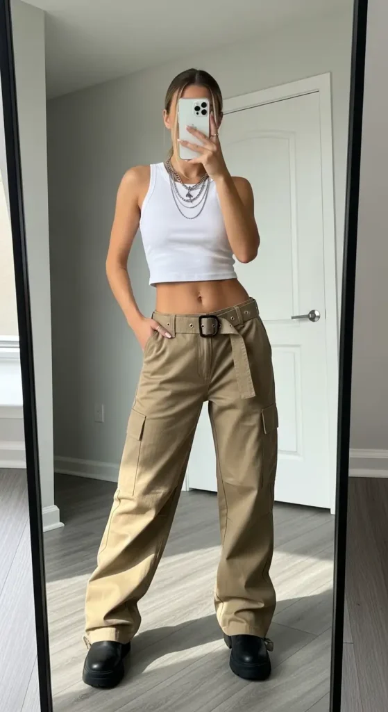 Mirror selfie of a woman in a white crop top and tan low-rise cargo pants, ideal Y2K Party Outfit Ideas for Women.