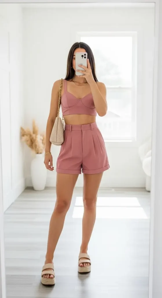 Mirror selfie showing a casual and classy aesthetic outfit for summer — dusty pink co-ord bralette and tailored shorts
