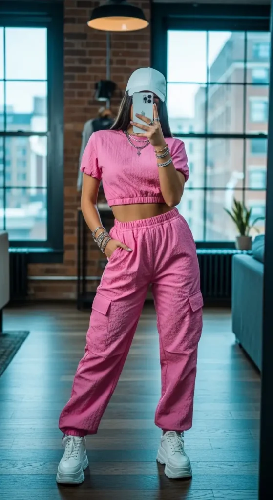 Pink crop top and cargo pants mirror selfie — a streetwear pink birthday photo shoot outfit idea with white sneakers and cap