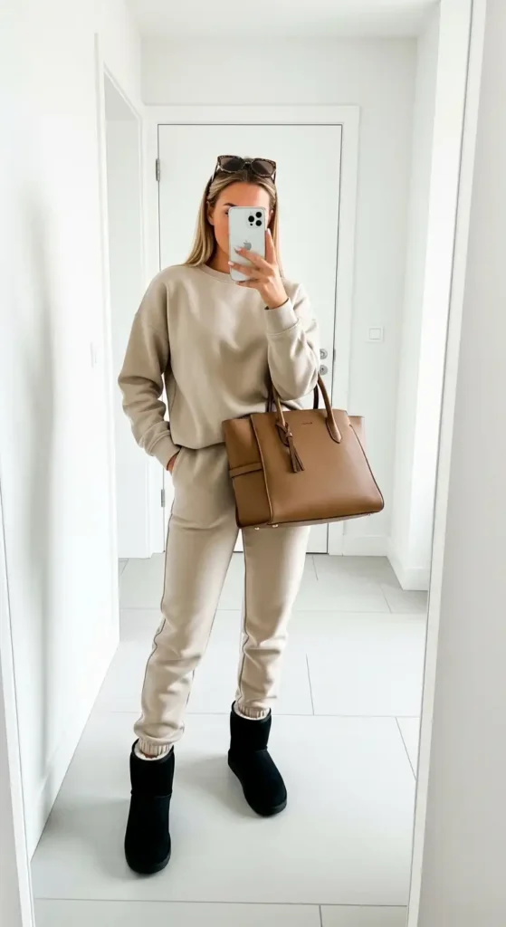 Mirror selfie in a matching beige sweat suit and black boots for comfy Black Ugg Outfit Ideas.