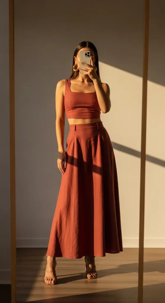 Mirror selfie of a casual and classy aesthetic summer outfit — terracotta maxi skirt paired with a matching crop top
