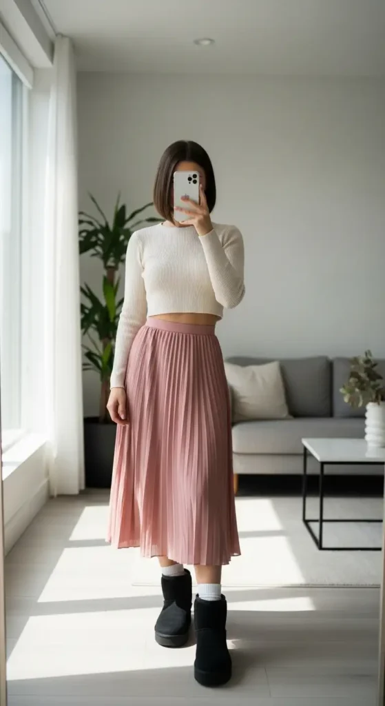 A cropped sweater and pleated pink skirt combined with boots in this look for Black Ugg Outfit Ideas.