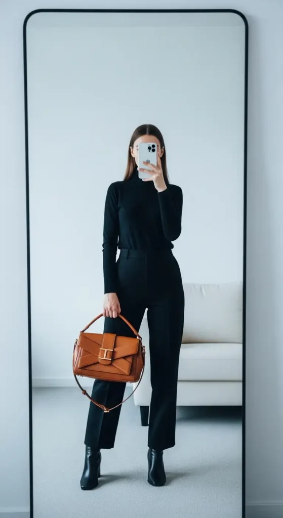 Minimalist winter uni aesthetic mirror selfie: all-black turtleneck and trousers with a tan structured handbag