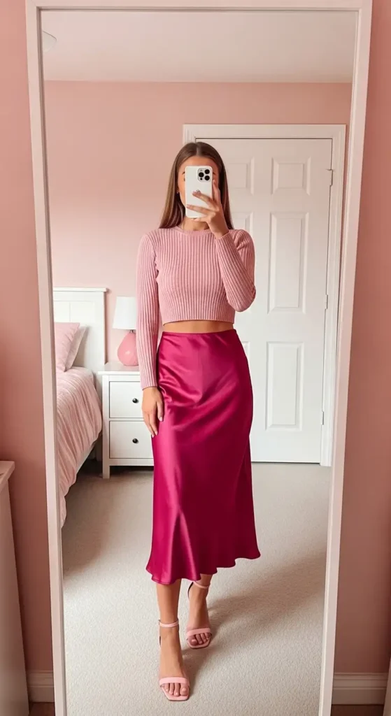 Birthday Photo Shoot Outfit Ideas mirror selfie in a pink ribbed crop top and fuchsia satin midi skirt