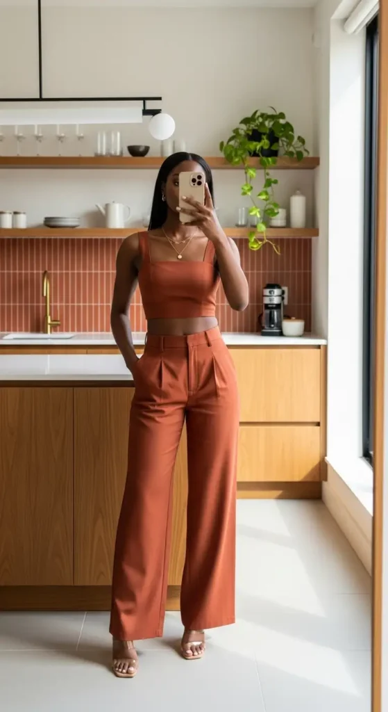 
Terracotta monochromatic co-ord set birthday brunch outfit idea for Black women in a modern kitchen mirror selfie
