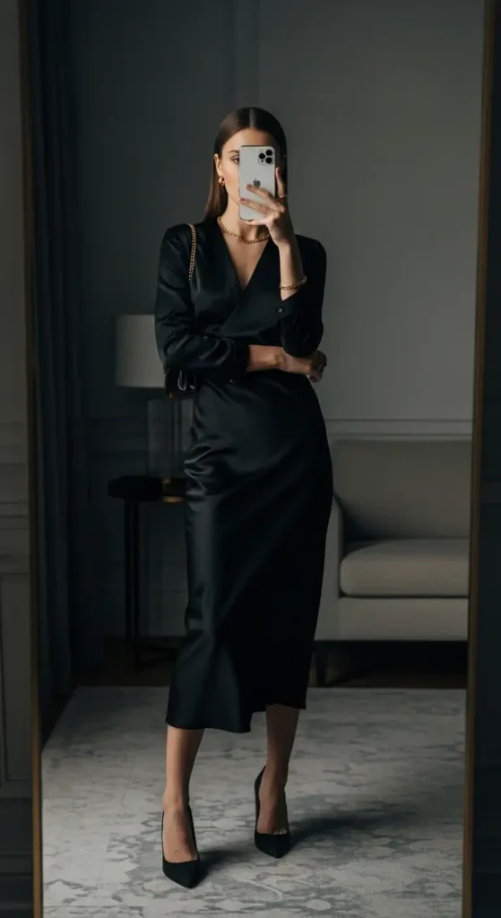 Elegant woman in a sleek black satin wrap dress taking a mirror selfie for Birthday Girl Outfit Ideas for Women