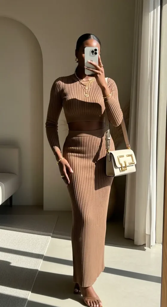 Brown ribbed two-piece set for Birthday Girl Outfit Ideas for Black Women