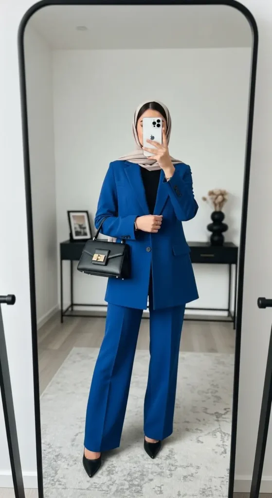 Confident royal blue pantsuit with beige hijab and black handbag – Birthday Girl Outfit Ideas With Hijab.