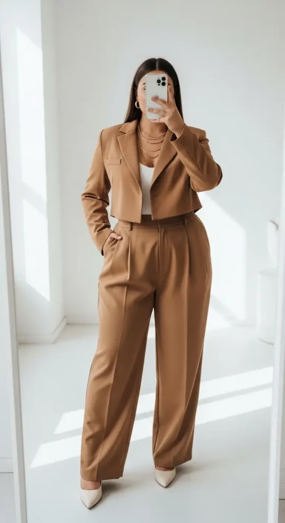 Camel matching blazer set — a polished birthday photo shoot outfit idea designed for plus size women