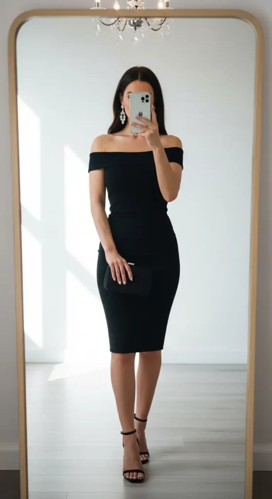 Off-shoulder black bodycon midi dress with a clutch — a timeless Black Birthday Photo Shoot Outfit Idea.
