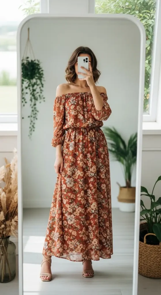 Birthday Photo Shoot Outfit Ideas mirror selfie in a rust off-shoulder floral maxi dress with sandals