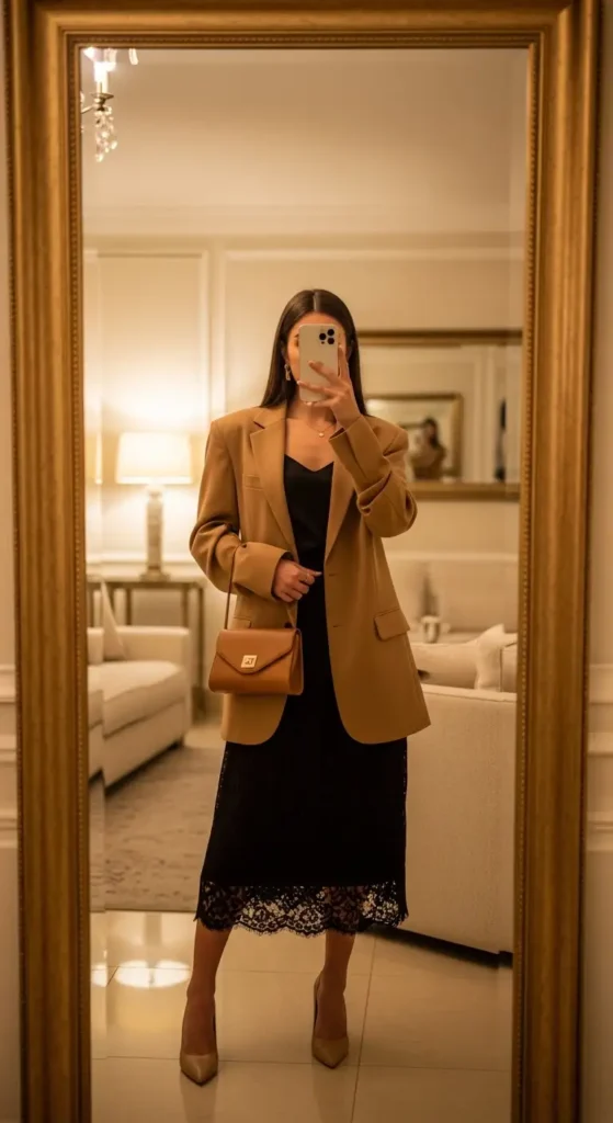 Mirror selfie of a camel blazer black lace skirt outfit idea for summer in a gold-framed luxury mirror