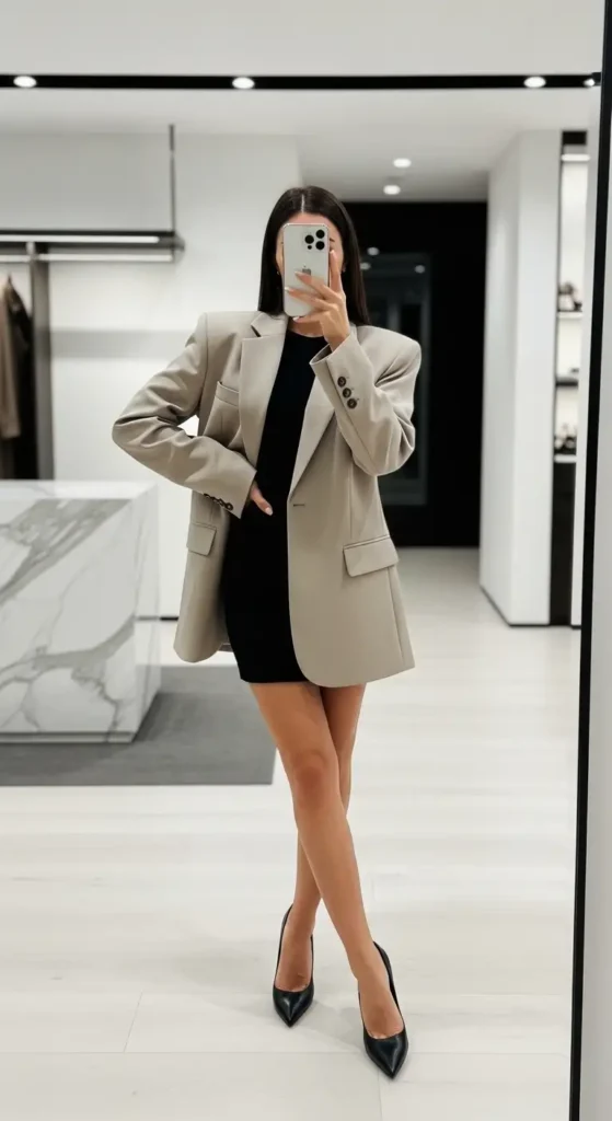 Woman posing in oversized beige blazer over black mini dress and pointed heels for Party Outfit Ideas of 90s Style