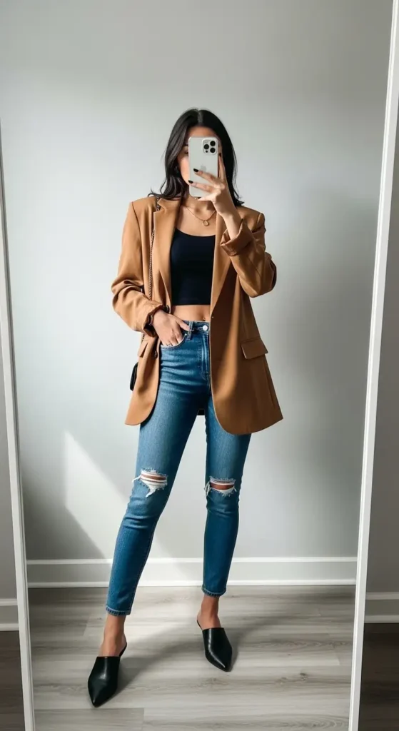 Chic birthday photo shoot outfit with jeans — camel oversized blazer, black crop top, distressed jeans, and mules