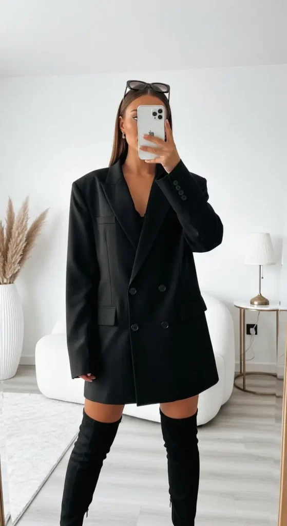 Oversized black blazer worn as a dress with thigh-high boots — a bold Black Birthday Photo Shoot Outfit Idea.