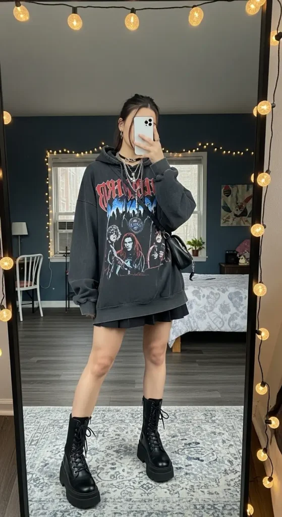 Oversized hoodie and pleated skirt for Early 2000s Outfit Ideas.