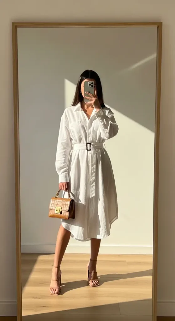 Mirror selfie of a casual and classy aesthetic outfit idea for summer — belted white oversized linen shirt dress
