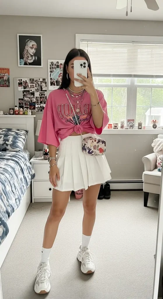 Oversized pink graphic tee with white pleated mini skirt — a casual pink birthday photo shoot outfit idea for bedroom selfies