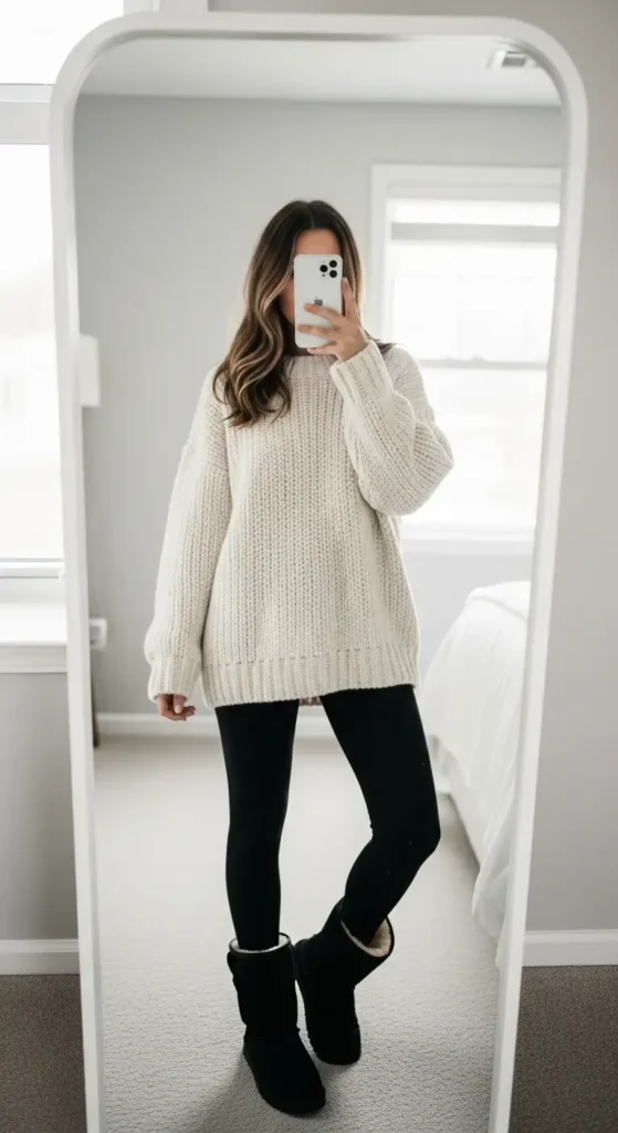 Mirror selfie showing an oversized white knit sweater and black boots, classic Black Ugg Outfit Ideas.