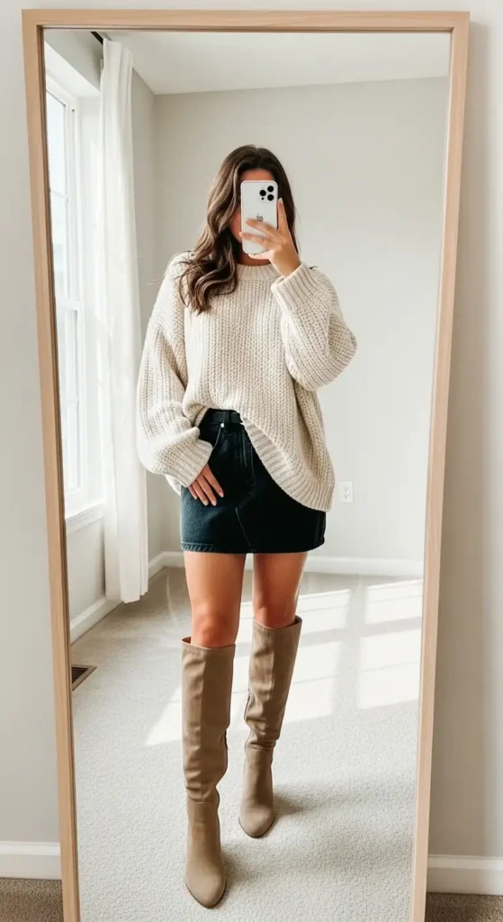 10 black denim skirt outfit ideas: oversized cream sweater, mini skirt, and tan knee-high boots