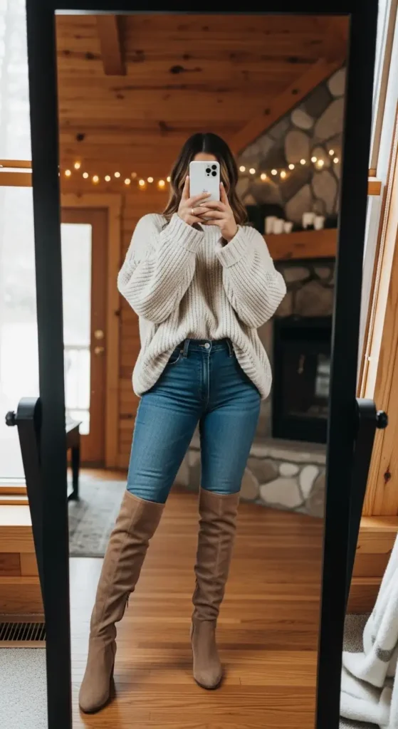 Aesthetic winter outfit ideas with jeans: cream oversized sweater, straight-leg jeans, and knee-high boots in a rustic cabin