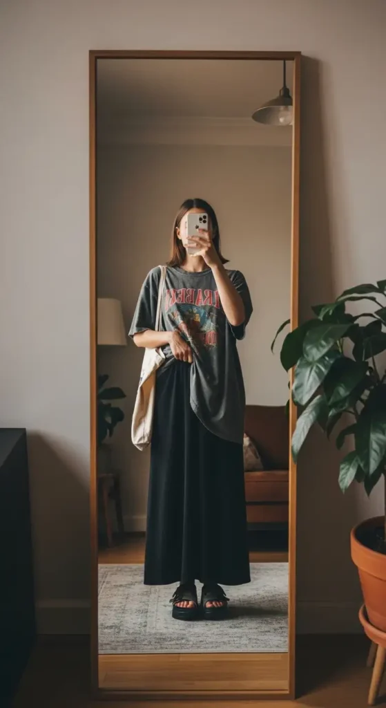 Mirror selfie of a casual black long skirt outfit idea for summer — oversized vintage tee and chunky sandals