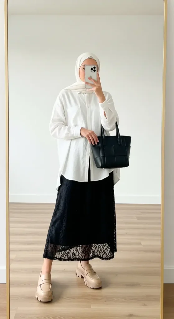 White linen shirt and black lace skirt hijab outfit from 10 Black Lace Skirt Outfit Ideas with Hijab