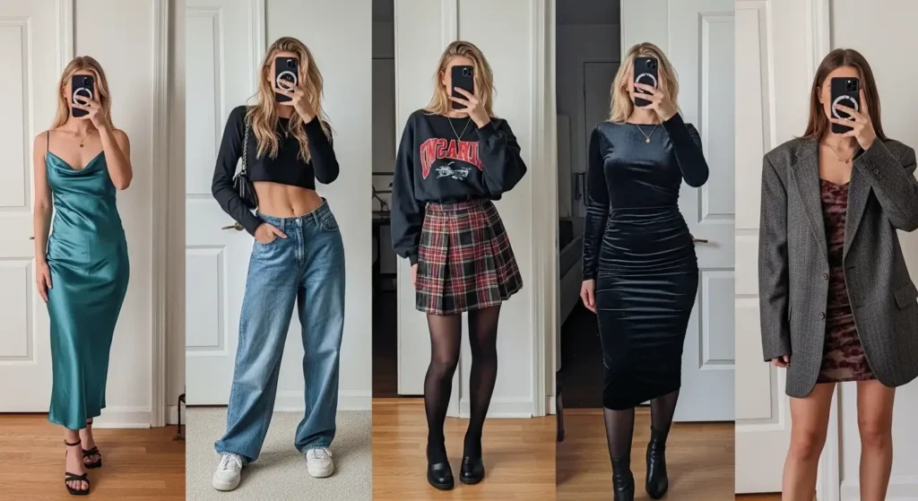 Collage of women modeling various trendy outfits including slip dress, plaid skirt and blazer for Party Outfit Ideas of 90s Style.