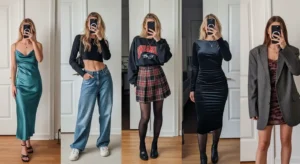 Collage of women modeling various trendy outfits including slip dress, plaid skirt and blazer for Party Outfit Ideas of 90s Style.