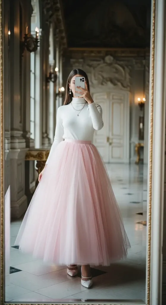 Pastel pink tulle skirt and white turtleneck mirror selfie — an elegant pink birthday photo shoot outfit idea in a grand hall