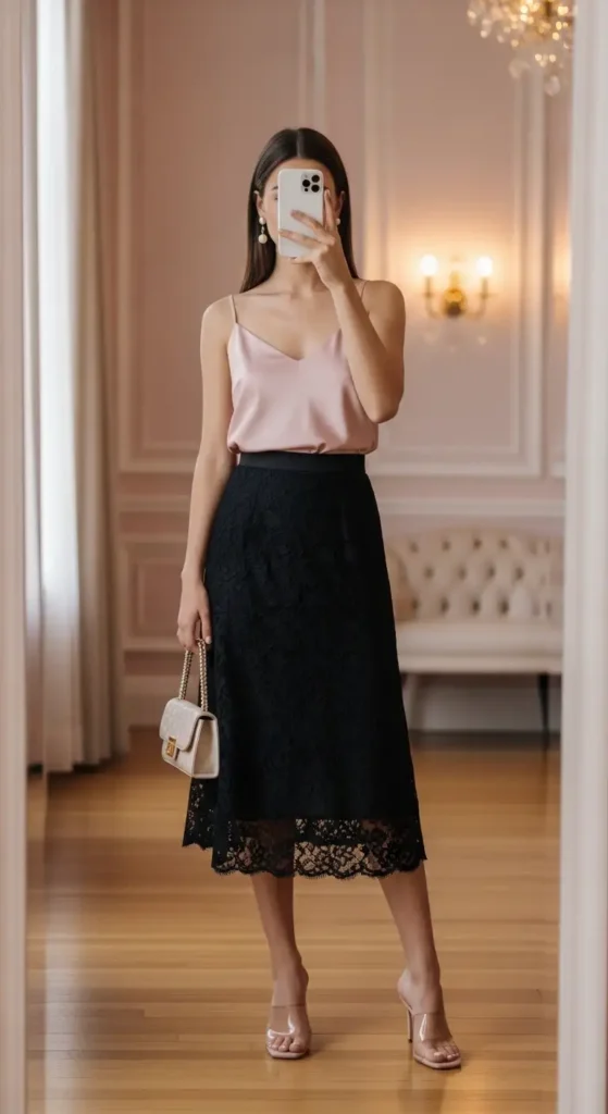 Mirror selfie of a blush satin top black lace skirt outfit idea for summer in an elegant pink room