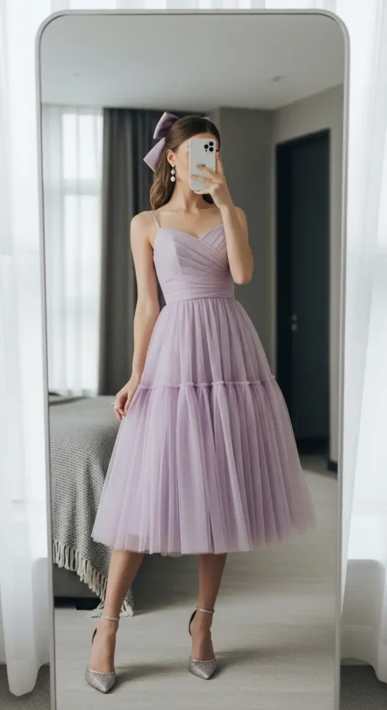 Feminine woman in a pastel purple tulle tea-length dress for Birthday Girl Outfit Ideas for Women.