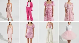 Collage of eight pink birthday photo shoot outfit ideas including satin slip, power suit, floral midi, and tulle skirt
