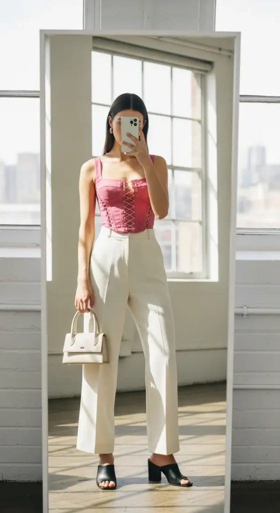 Pink corset top with cream wide-leg trousers mirror selfie — a chic pink birthday photo shoot outfit idea in a bright loft
