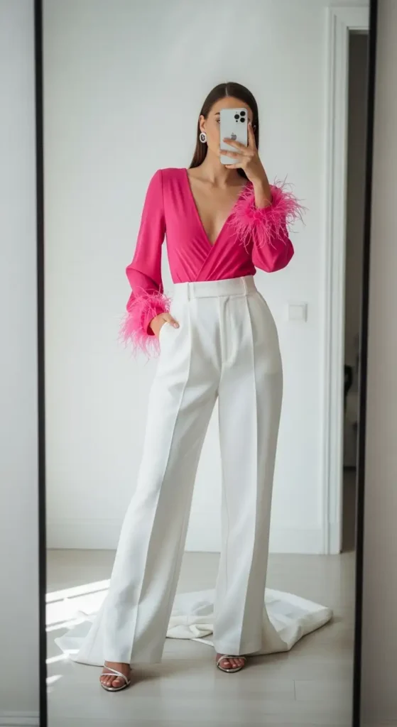 Pink feather bodysuit with white trousers mirror selfie — a glamorous pink birthday photo shoot outfit idea