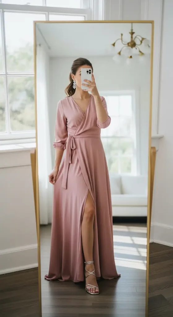 Dusty rose wrap dress with thigh slit mirror selfie — a timeless pink birthday photo shoot outfit idea with strappy gold heels